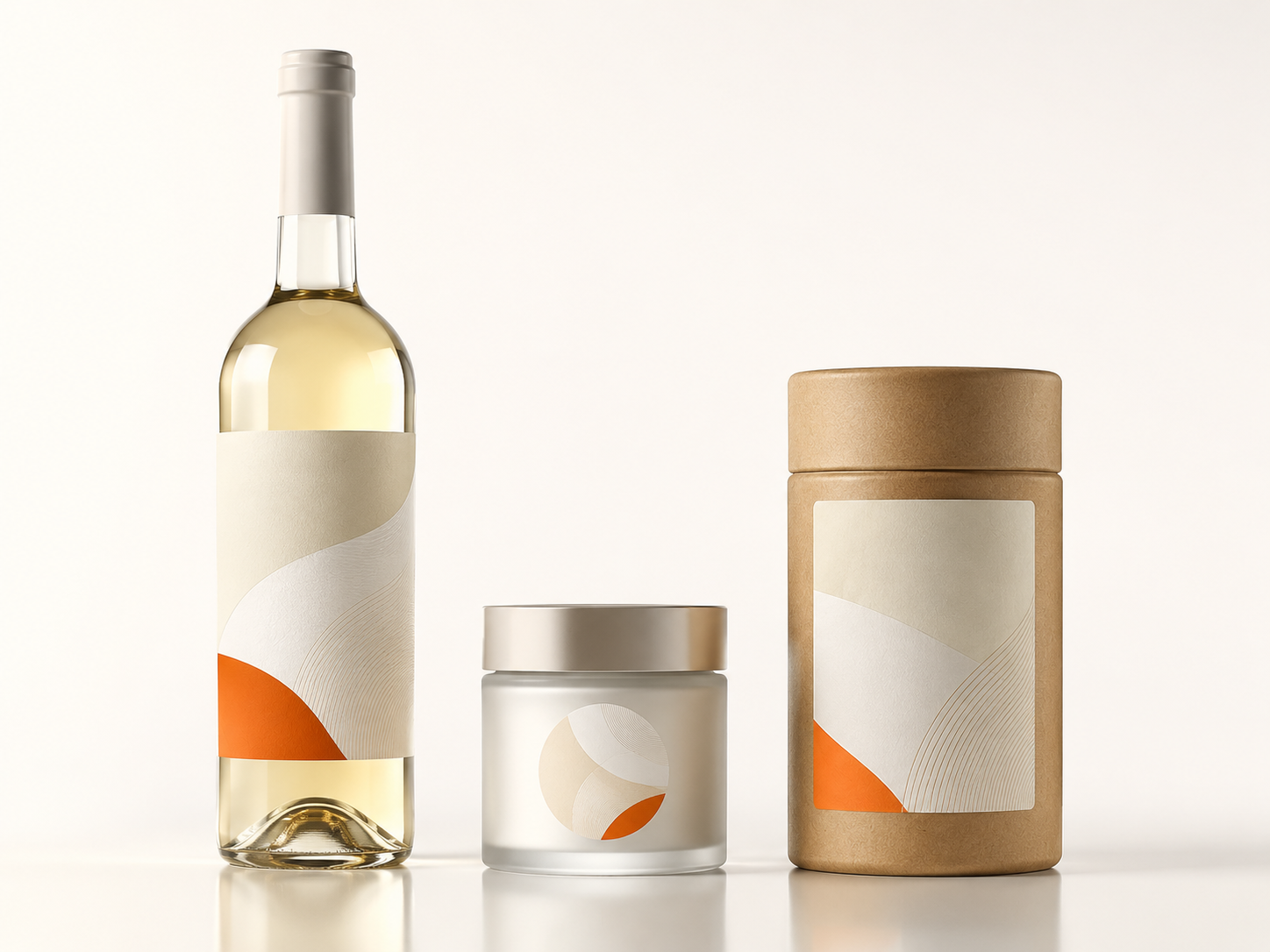 Self adhesive sticker labels on a wine bottle, cosmetic jar and kraft container — Labelex product range